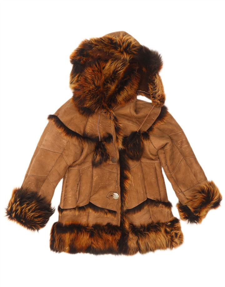 Vintage Girls Hooded Shearling Jacket 7-8 Years Brown