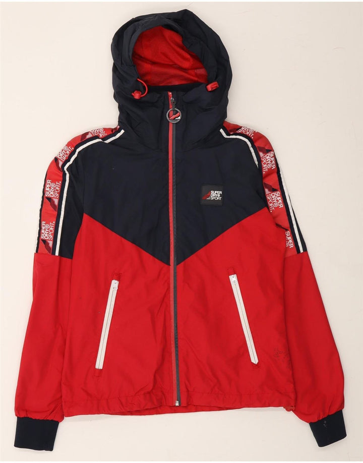 SUPERDRY Womens Graphic Hooded Rain Jacket UK 10 Small Red Colourblock Vintage Superdry and Second-Hand Superdry from Messina Hembry 