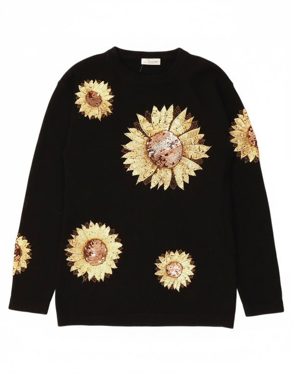 J. Taylor Womens Graphic Crew Neck Jumper Sweater UK 10 Small Black Floral