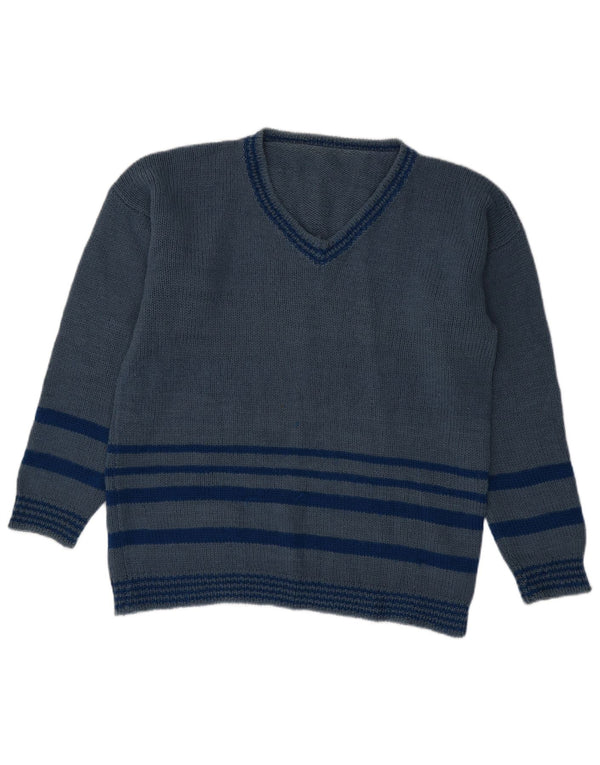 VINTAGE Mens V-Neck Jumper Sweater Large Blue Striped