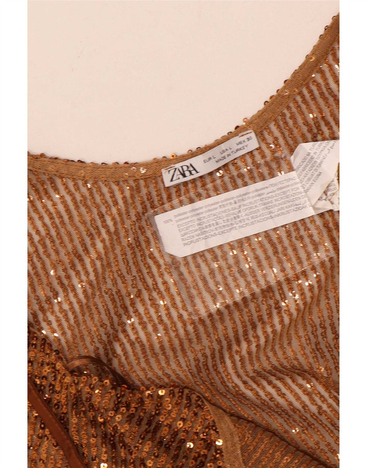 Zara Γυναικεία Sequin Crop Top UK 14 Large Brown Polyester