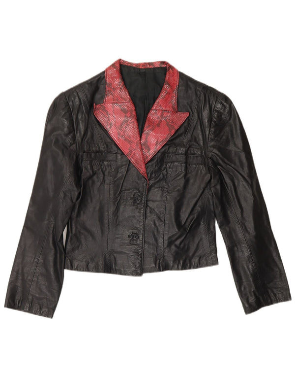 Vintage Womens Crop Leather Blazer Jacket UK 4 XS Black Animal Print