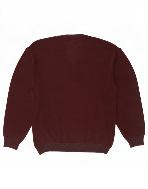 Vintage Mens V-Neck Jumper Sweater Large Maroon Fair Isle Wool