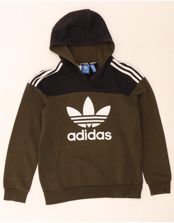 Adidas Boys Graphic Hoodie Jumper 13-14 Years Khaki Colourblock Cotton
