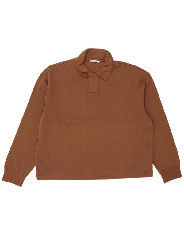 Zara Ανδρικό μακρυμάνικο μπλουζάκι πόλο XL Καφέ βαμβακερό