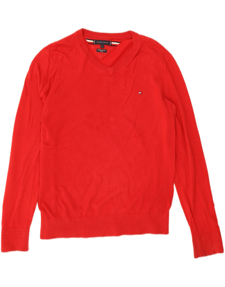 Ανδρικό πουλόβερ Tommy Hilfiger με V λαιμόκοψη, μικρό κόκκινο
