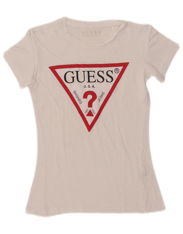 Γυναικείο γραφικό T-shirt Guess Crop Top UK 6 XS White