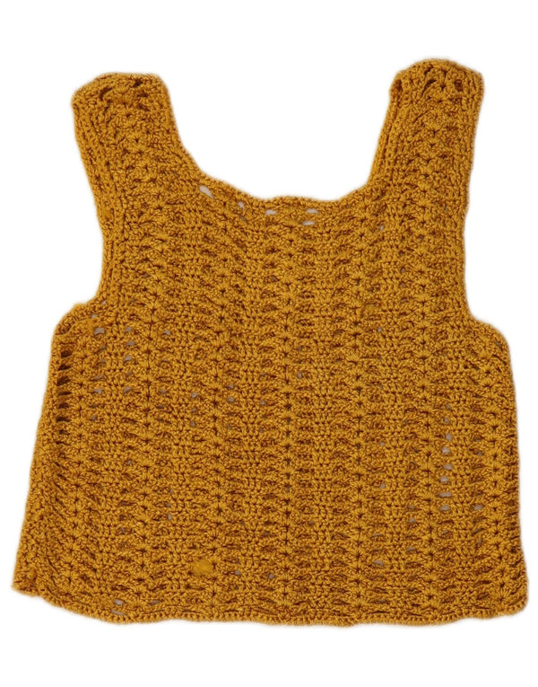 Vintage γυναικεία Crop αμάνικη μπλούζα με βελονάκι Top UK 8 Small Yellow