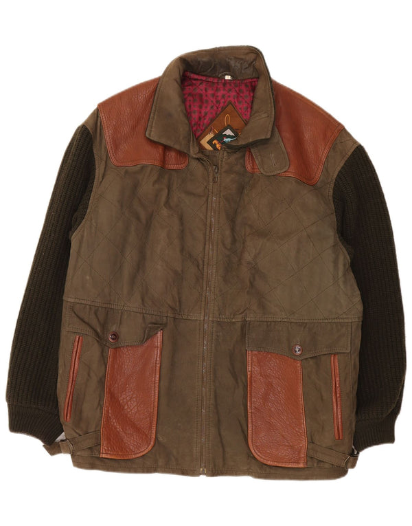 Vintage ανδρικό πλεκτό δερμάτινο μπουφάν UK 42 XL Khaki Colourblock Classic