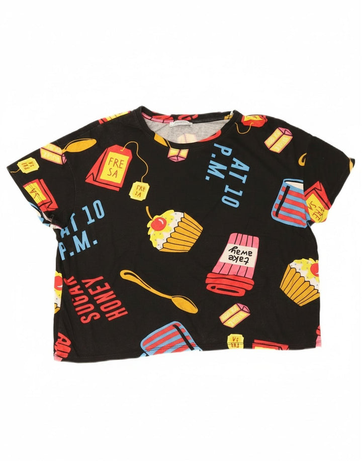 Zara Γυναικείο T-Shirt Crop Oversized γραφικό Top UK 14 Medium Black