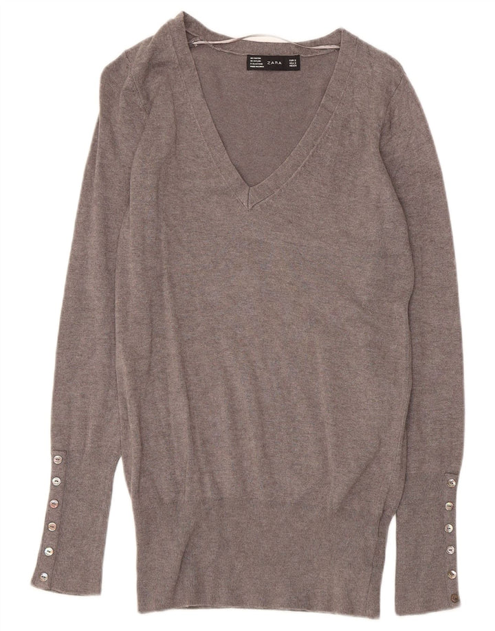 Zara Γυναικείο πουλόβερ με V λαιμόκοψη UK 10 Small Grey Rayon
