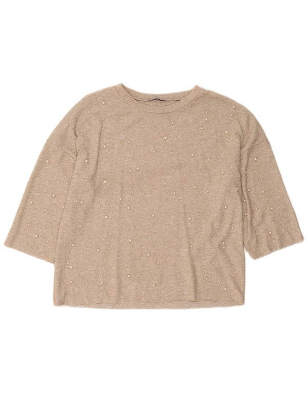 Zara γυναικείο πουλόβερ Trafaluc Top 3/4 μανίκια UK 10 Small Beige Flecked