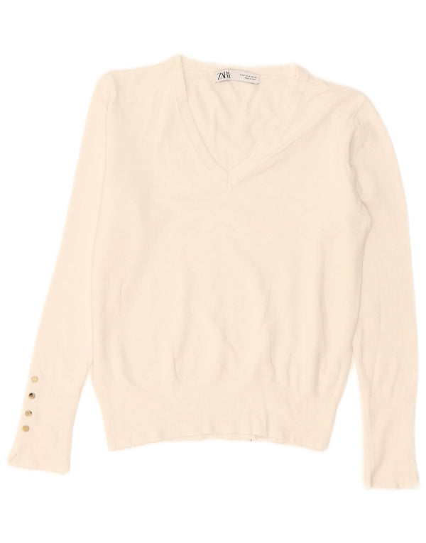 Zara Γυναικείο πουλόβερ με V λαιμόκοψη UK 12 Medium White