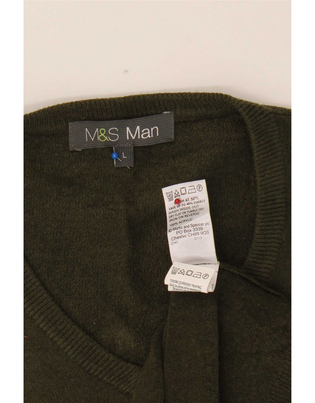 Marks & Spencer Ανδρικό πουλόβερ με λαιμόκοψη με λαιμόκοψη μεγάλο χακί ακρυλικό