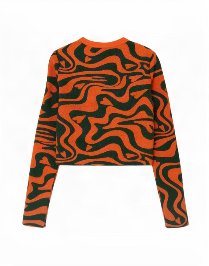 Zara Γυναικείο Abstract Pattern Crop Top μακρυμάνικο UK 8 Small Orange