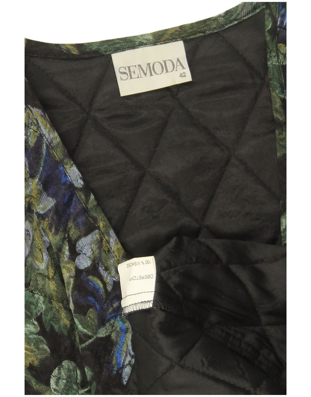 VINTAGE Γυναικείο Ανοιχτό Καπιτονέ Gilet EU 42 Μεγάλη Μαύρη Φλοράλ Βισκόζη