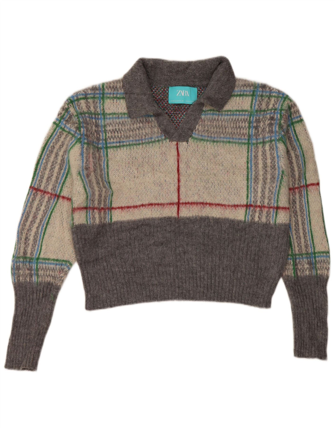 Zara γυναικείο πουλόβερ υπερμεγέθη Crop Polo με λαιμόκοψη UK 14 Medium Grey Check