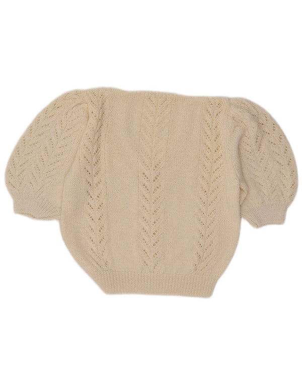Vintage Womens Crop V-Neck Jumper Sweater UK 12 Medium Off White