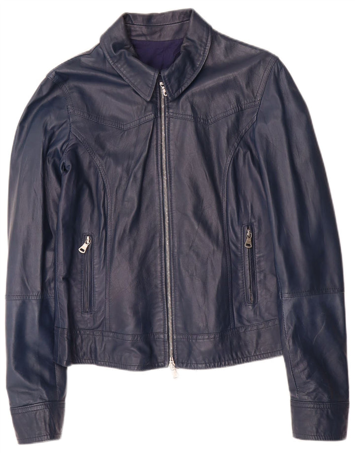 Vintage Γυναικείο Crop Δερμάτινο Μπουφάν UK 14 Large Navy Blue Leather