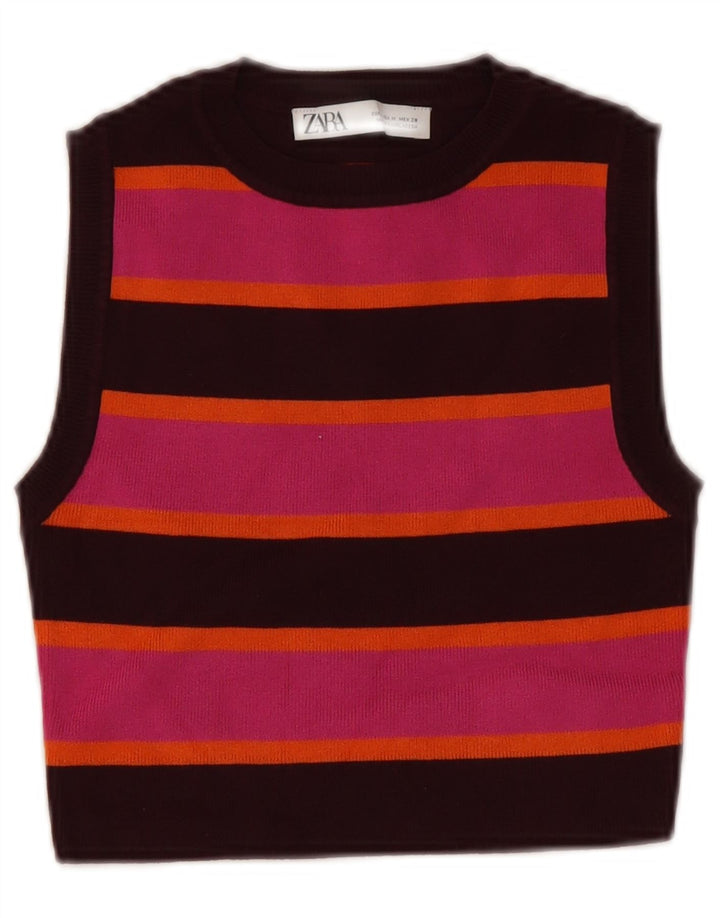 Zara Γυναικείο γιλέκο Crop UK 12 Medium Pink ριγέ