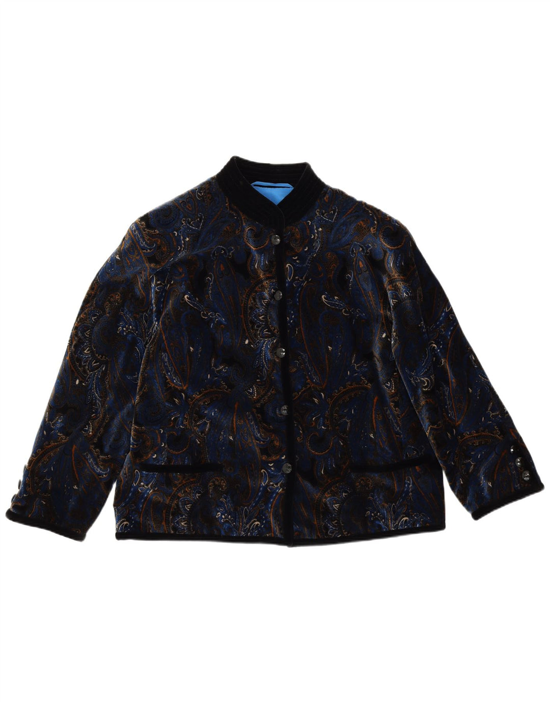 VINTAGE Γυναικείο βελούδινο σακάκι με 5 κουμπιά σακάκι UK 14 μεγάλο μπλε Paisley
