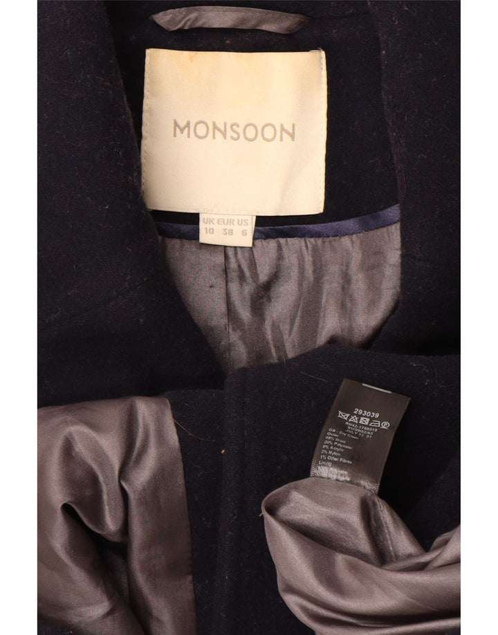 MONSOON Womens Pea Coat UK 10 Small  Navy Blue Wool