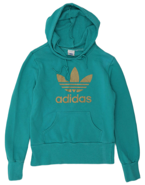 Adidas Γυναικείο γραφικό φούτερ με κουκούλα UK 10 Μικρό βαμβακερό τυρκουάζ