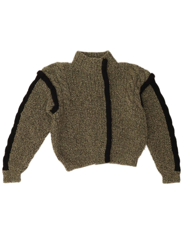 Vintage γυναικείο Crop Cardigan πουλόβερ UK 12 Medium Khaki Colourblock Cotton