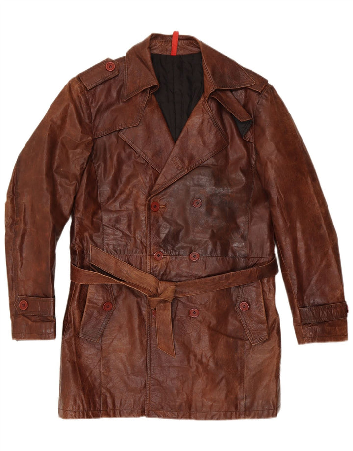 VINTAGE Ανδρικό Δερμάτινο Στρατιωτικό Διπλό Παλτό IT 50 Μεγάλο Καφέ