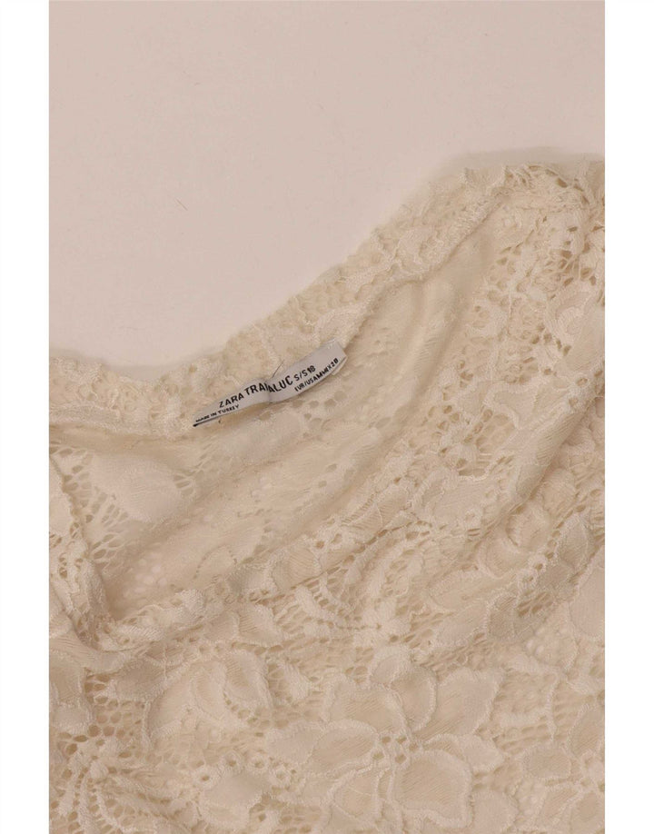 Zara Womens Crop See Through Μπλούζα Τοπ UK 12 Medium Off White Floral