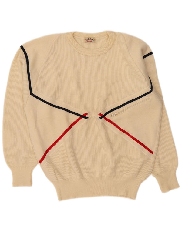 Vintage γυναικείο πουλόβερ με λαιμόκοψη UK 20 2XL από λευκό ριγέ μαλλί