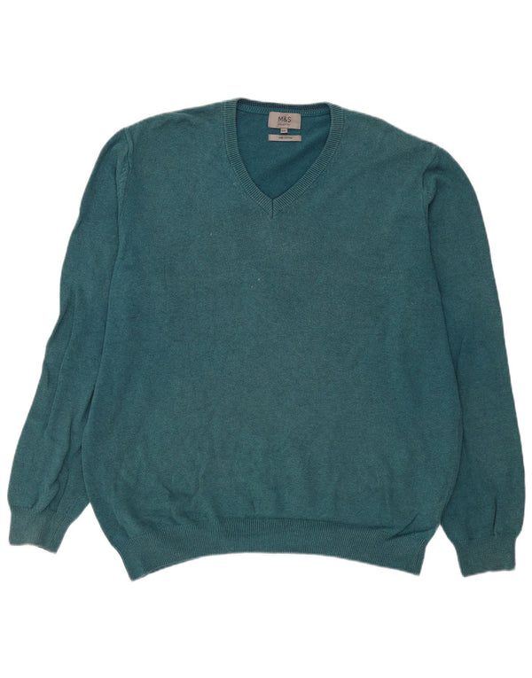 Ανδρικό πουλόβερ Marks & Spencer με V λαιμόκοψη 2XL Μπλε βαμβακερό