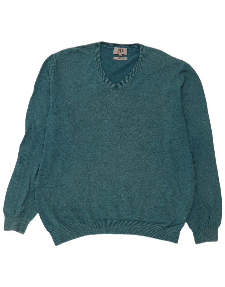 Ανδρικό πουλόβερ Marks & Spencer με V λαιμόκοψη 2XL Μπλε βαμβακερό
