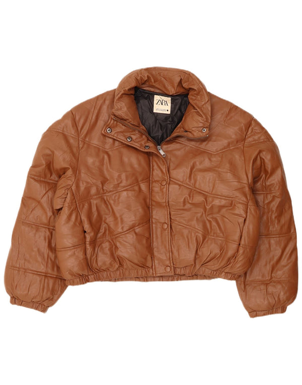 Zara γυναικείο μπουφάν με επένδυση από συνθετικό δέρμα UK 18 XL καφέ πολυεστέρας