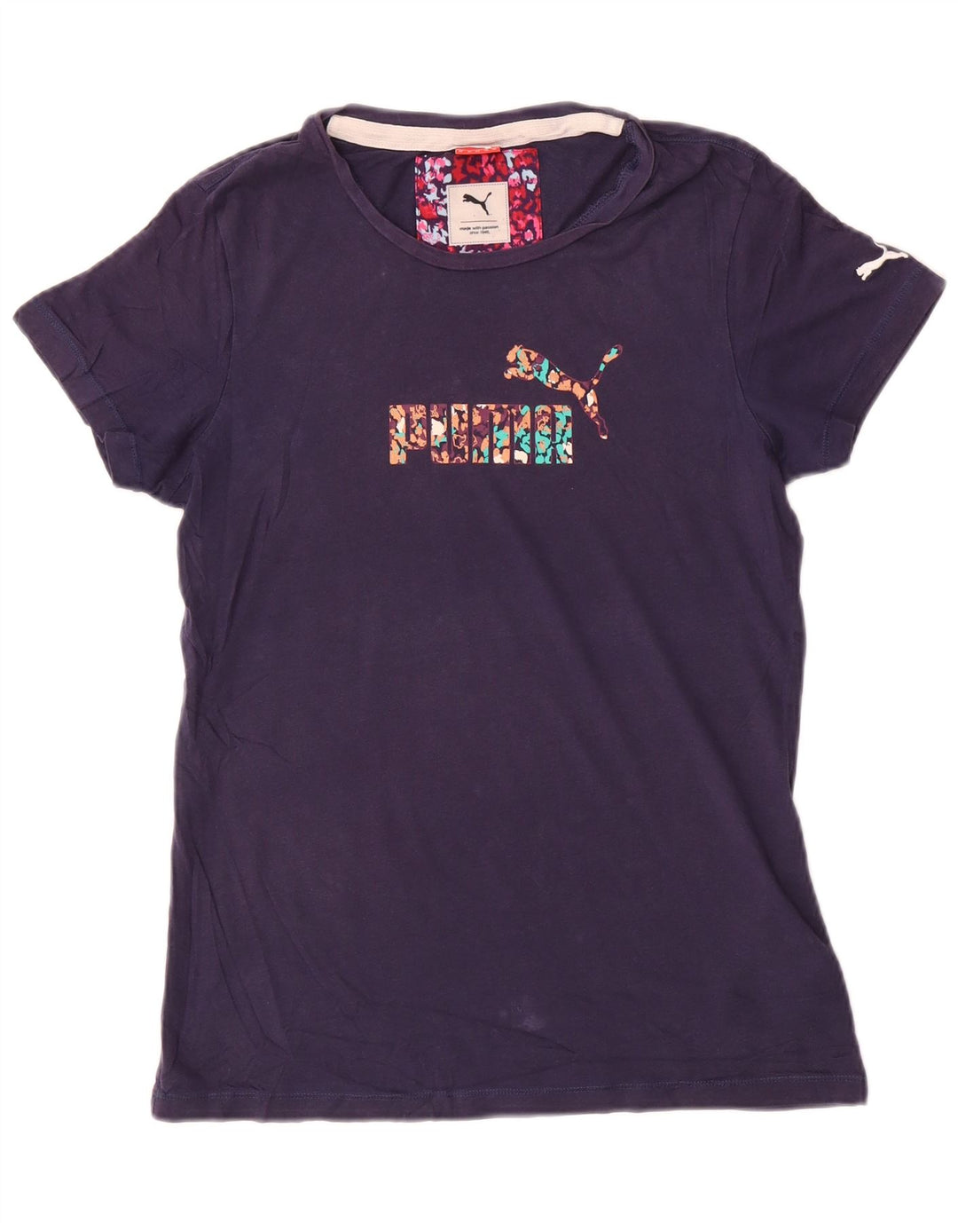 Γυναικείο γραφικό μπλουζάκι Puma τοπ βρετανικό 12 μεσαίο ναυτικό μπλε βαμβακερό