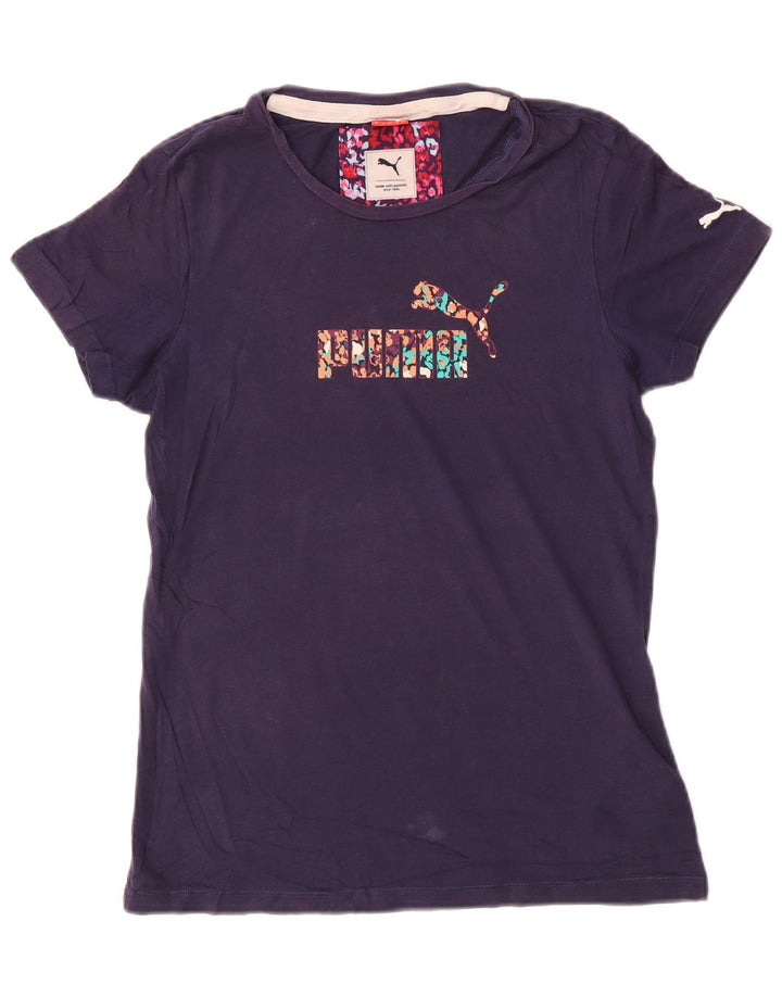 Γυναικείο γραφικό μπλουζάκι Puma τοπ βρετανικό 12 μεσαίο ναυτικό μπλε βαμβακερό