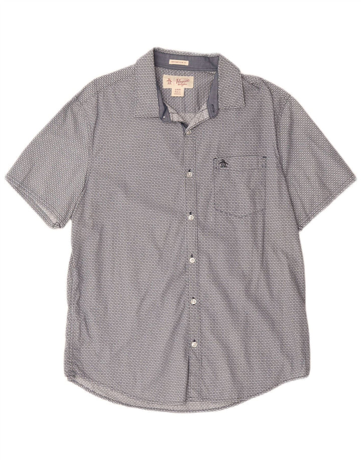 PENGUIN Ανδρικό πουκάμισο Heritage Slim Fit κοντομάνικο μεγάλο μπλε γεωμετρικό