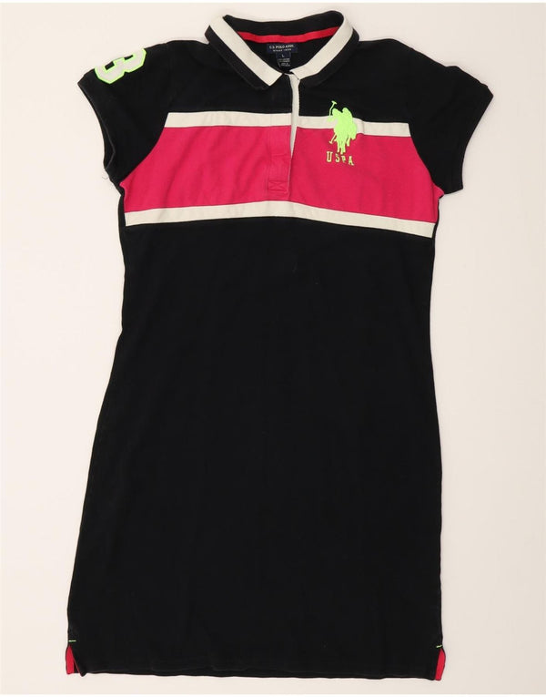 Πόλο Ασν. Γυναικείο γραφικό φόρεμα πόλο UK 14 Large Black Colourblock