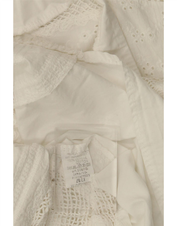 VINTAGE Γυναικείο πουκάμισο 3/4 μανίκι μπλούζα UK 14 Μεσαίο λευκό βαμβακερό φλοράλ