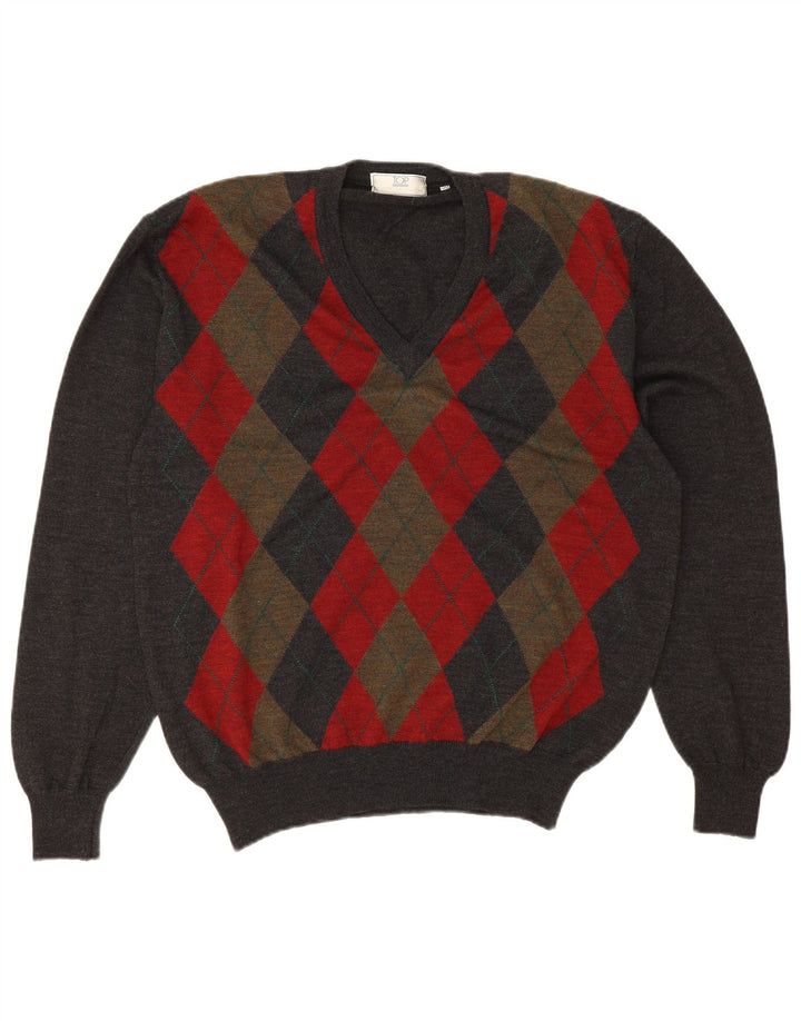 Vintage ανδρικό πουλόβερ με λαιμόκοψη IT 50 Medium Grey Argyle/Diamond