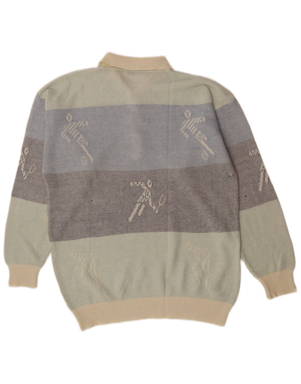 Vintage Ανδρικό γραφικό πουλόβερ με λαιμό πόλο με μεσαίο πράσινο χρώμα