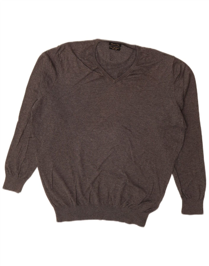 MASSIMO DUTTI Ανδρικό πουλόβερ με V λαιμόκοψη XL Γκρι βαμβακερό