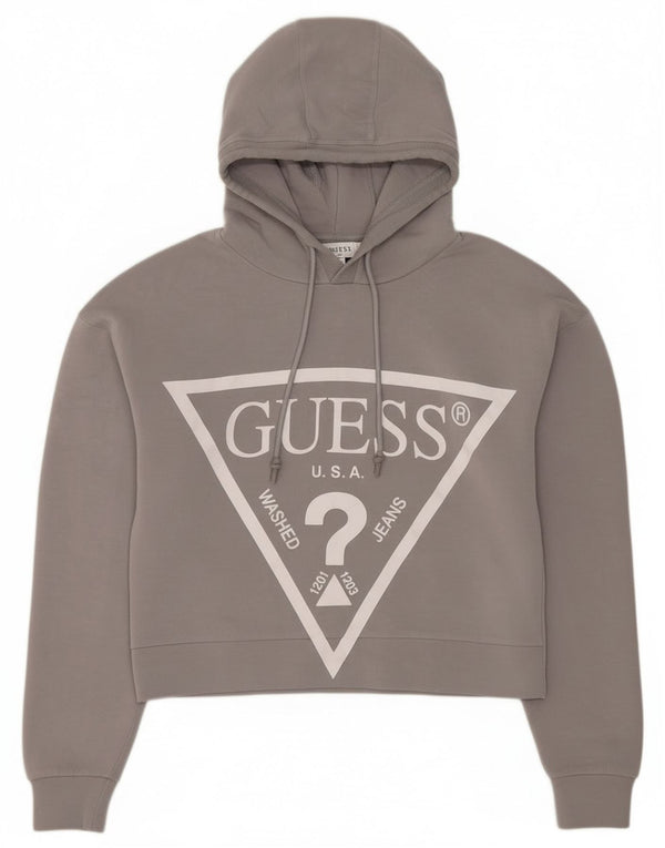 Guess Womens Oversized Crop Graphic Hoodie Jumper UK 6 XS Grey