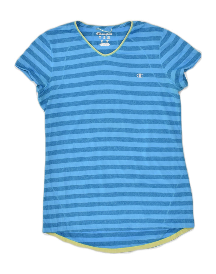 CHAMPION Womens T-Shirt Top UK 10 Small Blue Striped Polyester | Vintage Champion | Thrift | Second-Hand Champion | Used Clothing | Messina Hembry 