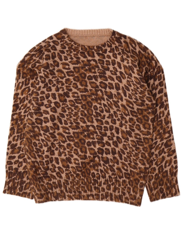 Vintage Womens Crew Neck Jumper Sweater UK 12 Medium Brown Animal Print