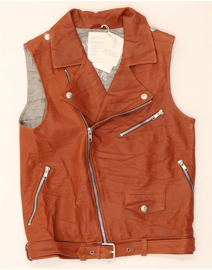 BRUNELLO CUCINELLI Womens Leather Gilet UK 10 Small Brown Leather Vintage Brunello Cucinelli and Second-Hand Brunello Cucinelli from Messina Hembry 