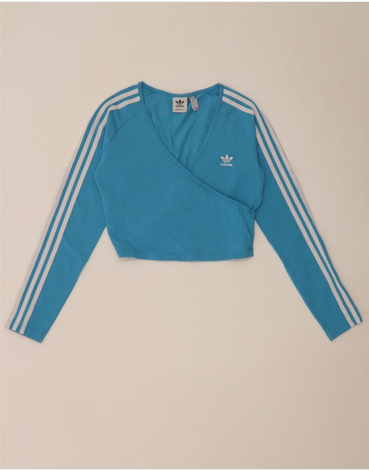 Γυναικείο Crop Top Adidas μακρυμάνικο UK 12 μεσαίο μπλε βαμβακερό