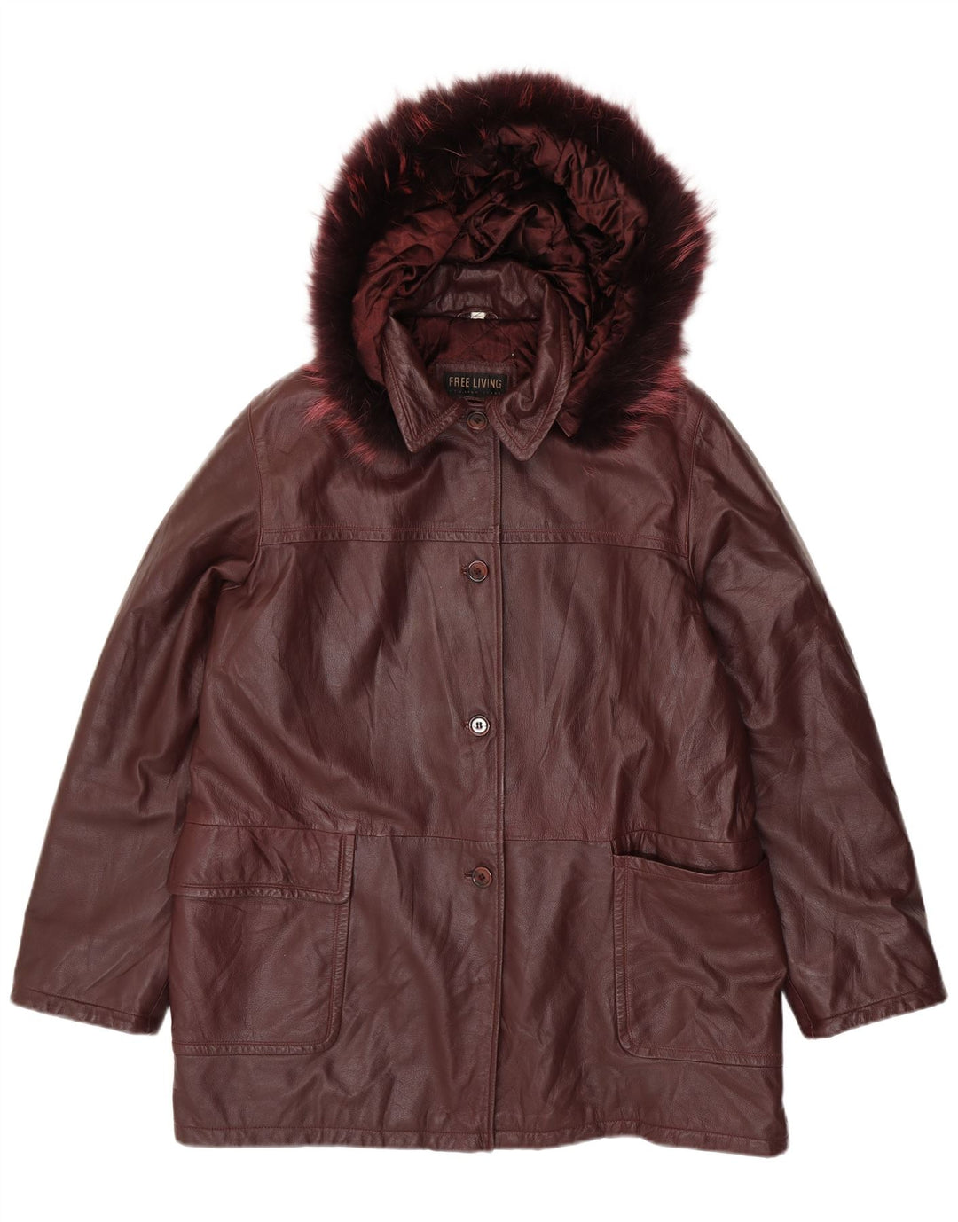 Vintage Γυναικείο Μεγάλο Δερμάτινο Παλτό με Κουκούλα IT 50 XL Maroon Leather