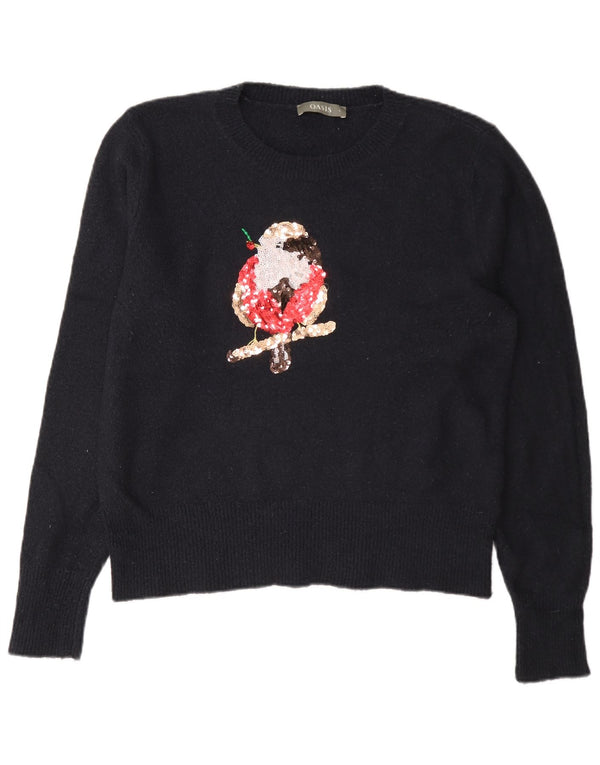 Γυναικείο πουλόβερ Oasis Graphic Crew Neck Jumper UK 16 Large Navy Blue Acrylic