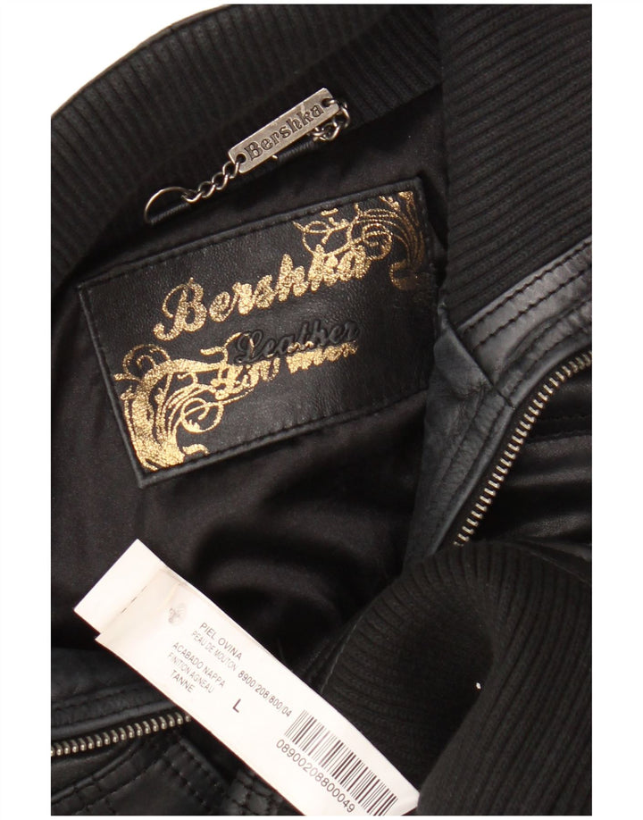 BERSHKA Γυναικείο Crop Δερμάτινο Μπουφάν UK 14 Large Μαύρο Δερμάτινο